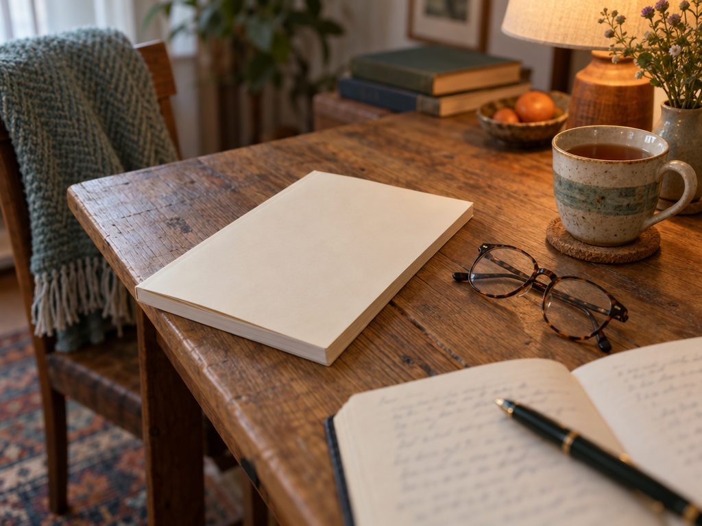 An information booklet, reading glasses and a cup of tea