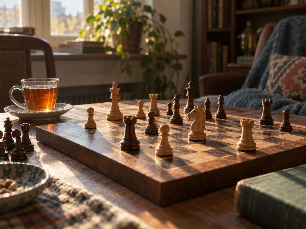 Wooden chess pieces on a board in warm light