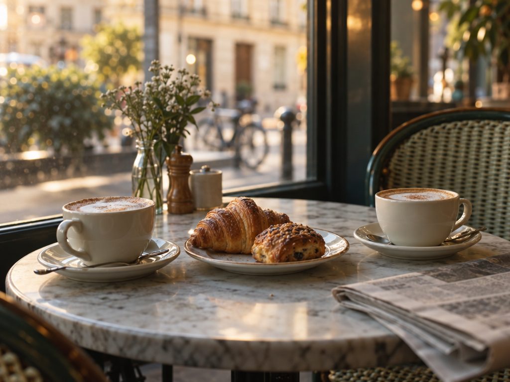 Two coffee cups on a café table