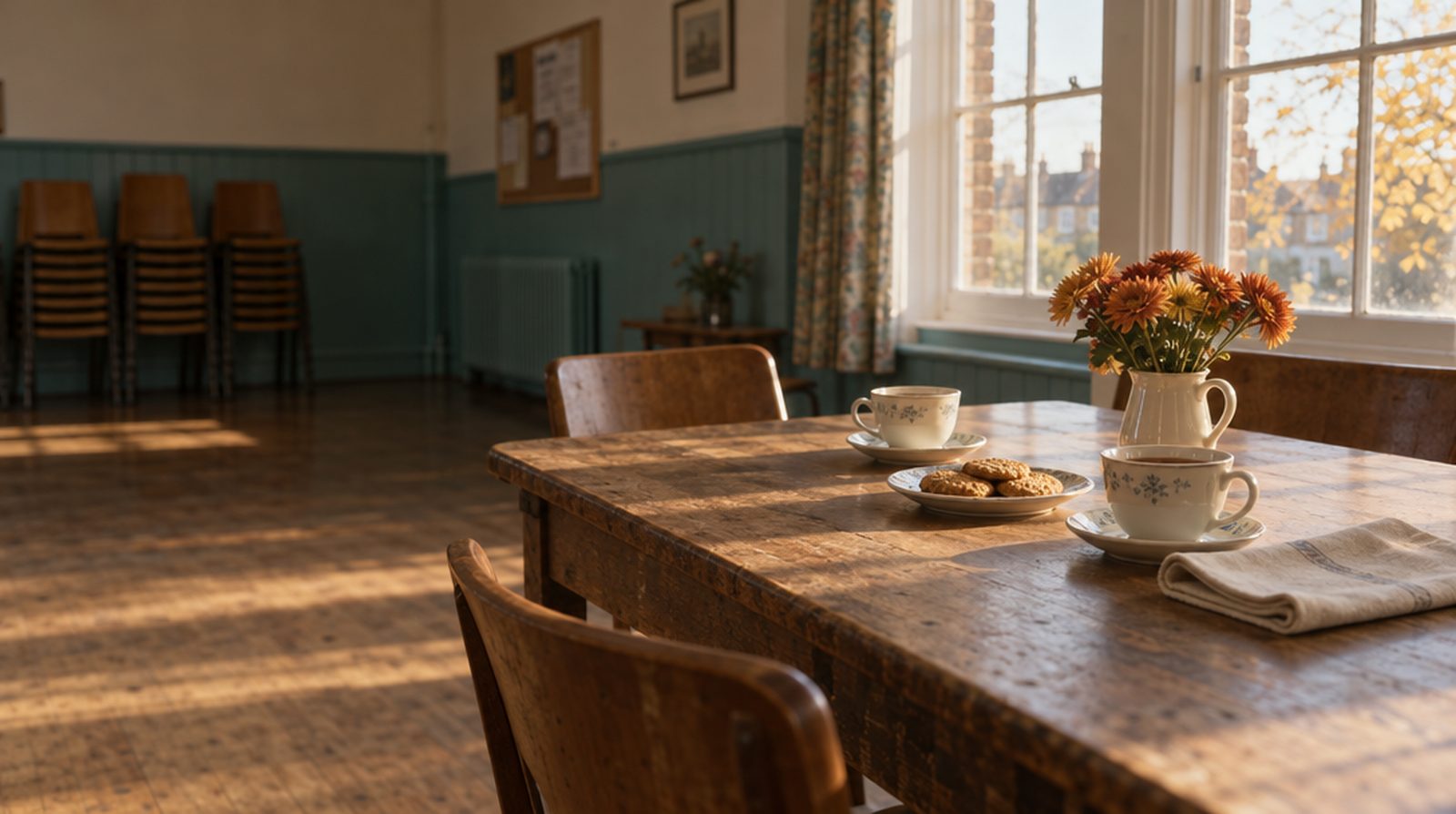 Tea cups on a table in warm afternoon light