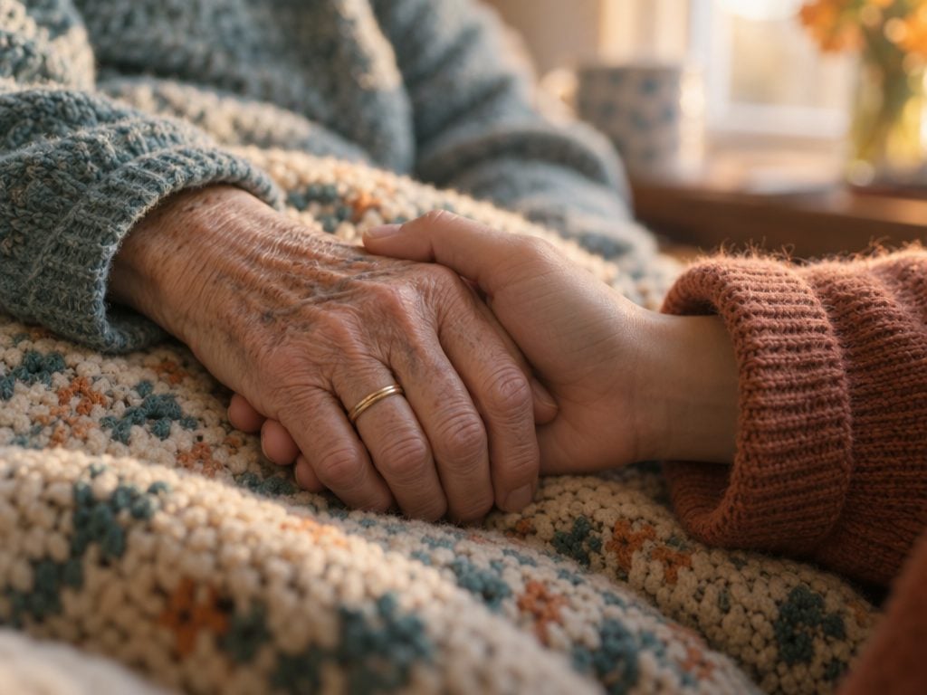 An older hand held gently in a younger hand