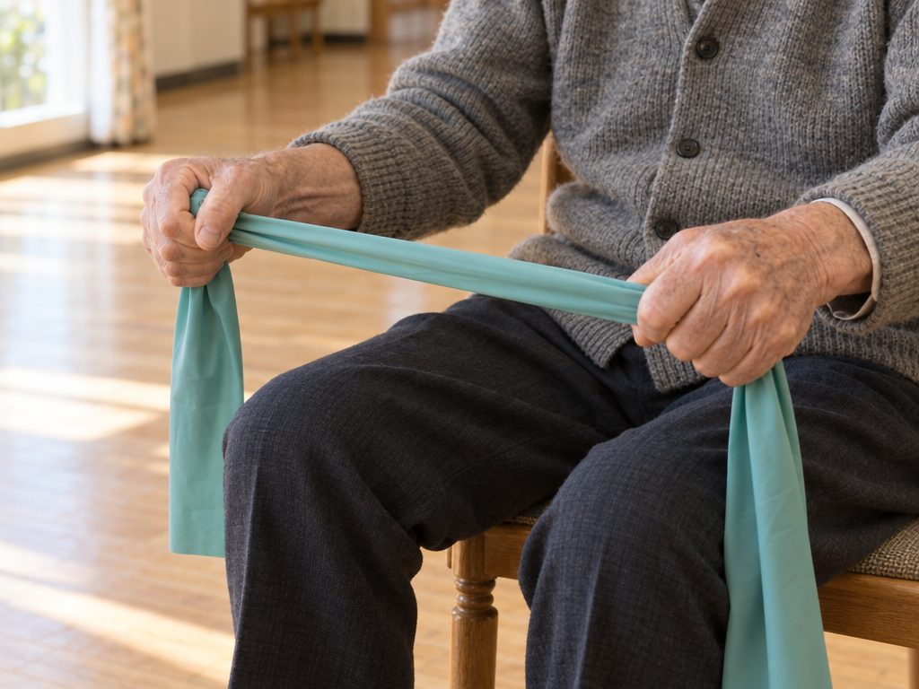 An older man's hands holding an exercise band