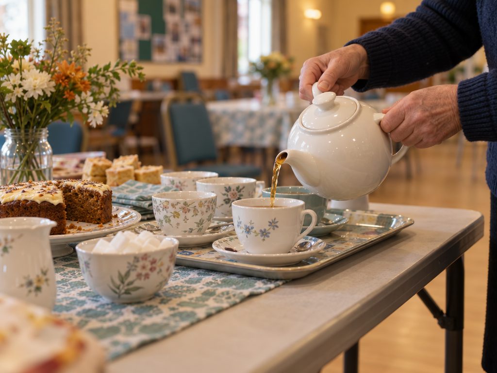 A volunteer pouring tea into cups on a tray